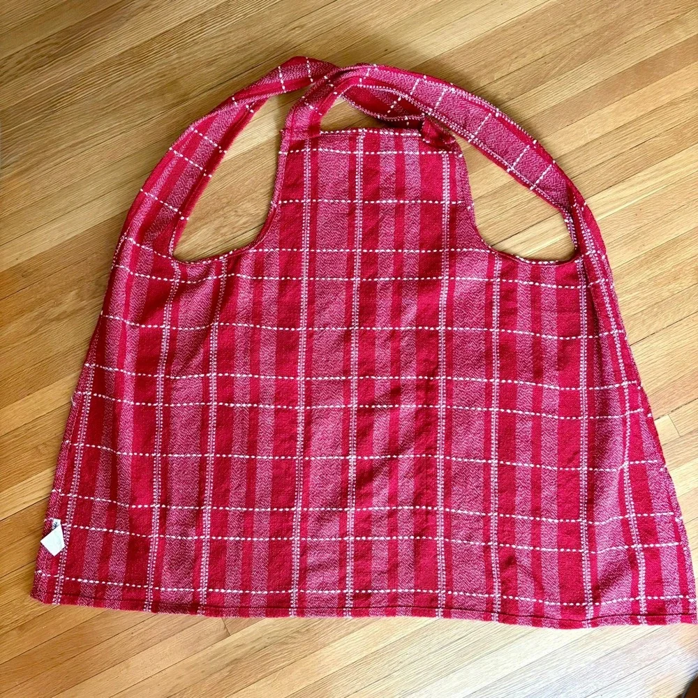 Sur La Table Red Plaid Cross Back Pinafore Apron Smock Pockets 39